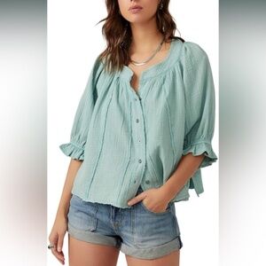 WE THE FREE Lucy Solid Swing Top Sage Green Button Up Ruffle Sleeve Cotton Sz SM